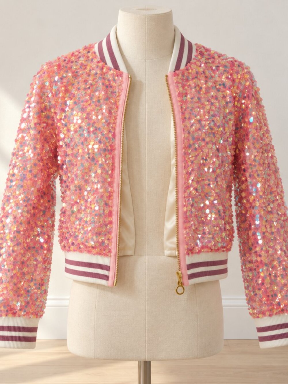 Hannah Banana Girls Pink Iridescent Sequin Bomber Jacket Size 8